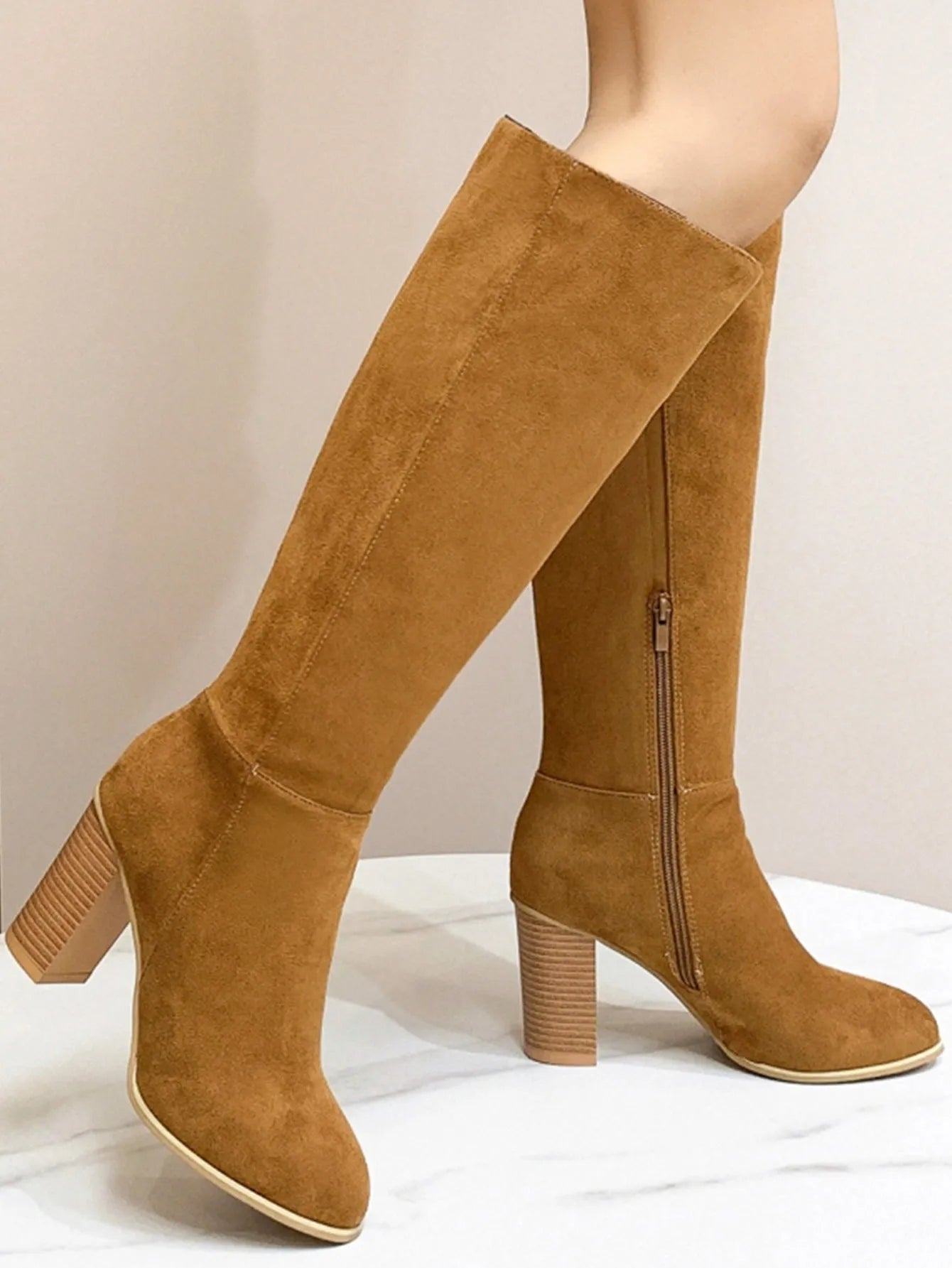 Women's black square toe high heel fashion boots in artificial PU leather