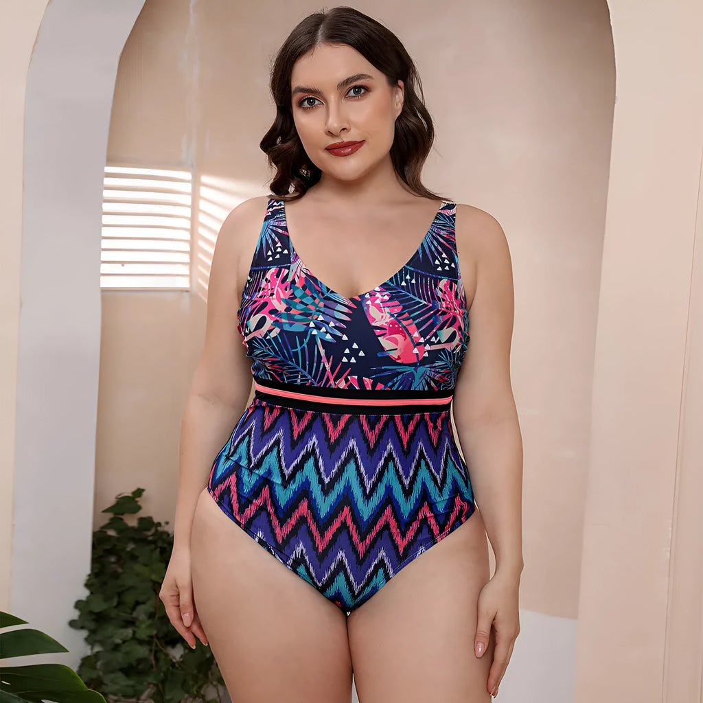 Women's blue printed one-piece swimsuit with spaghetti straps and striped vest design for swimming
