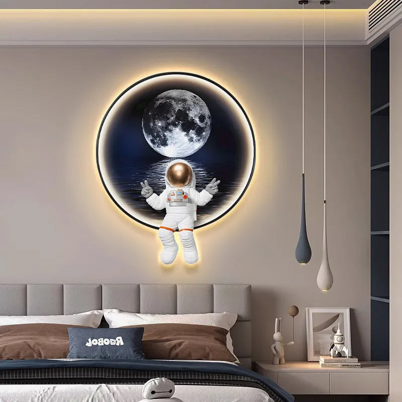 Children's astronaut-themed canvas wall painting with optional integrated USB LED light strip in a modern frameless design.