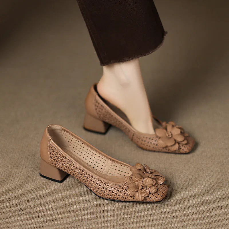 Light brown women's leather pumps with a woven hollow design and a mid heel on a beef tendon sole.
