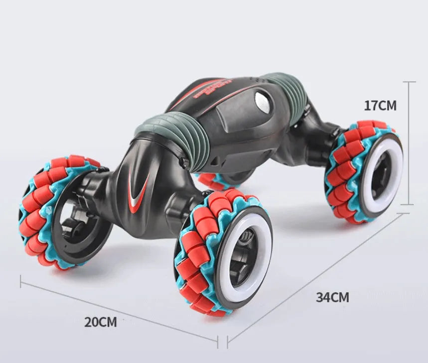 Remote control toy car with Steel Flying Dragon design, gesture sensing, deformation, and colourful hollow off-road wheels in black