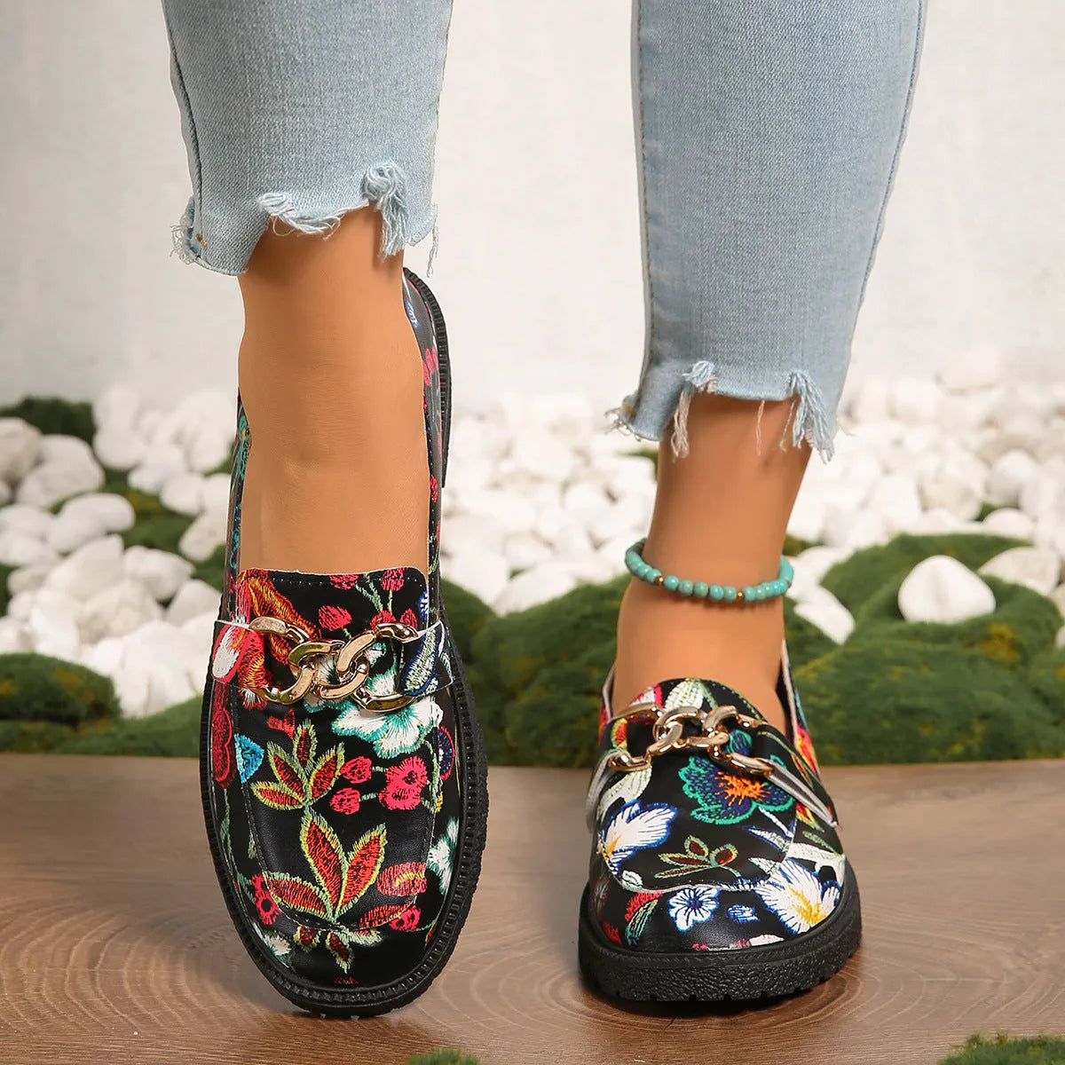 Plus size floral PU loafers with chunky mid heel, shallow mouth under 7cm, in Colour 01-3 or 01-5