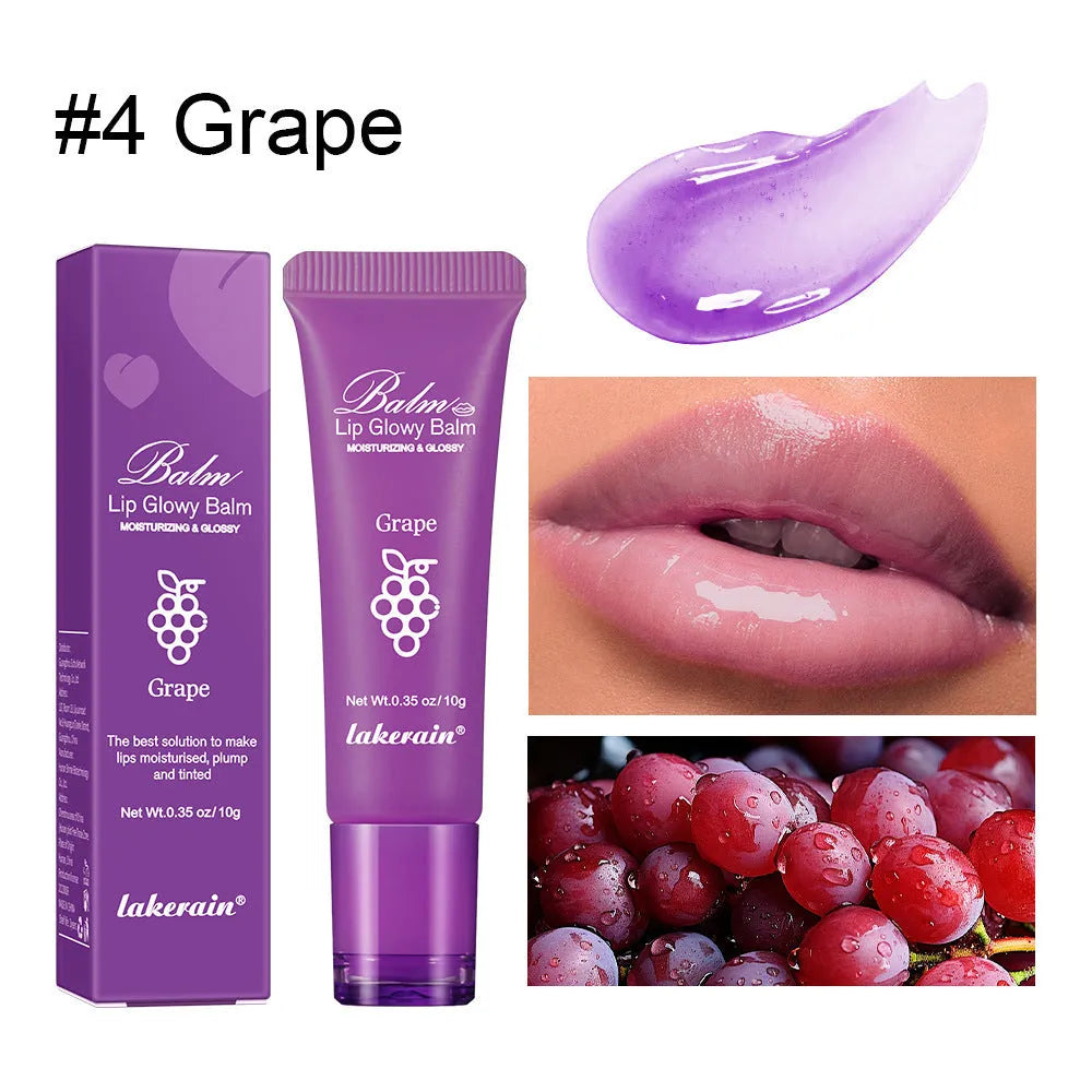 Women's flavoured lip gloss in berry, grape, grapefruit, and yellow peach flavours.
