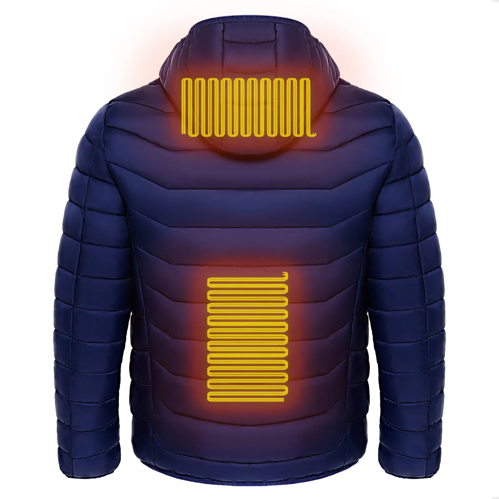 Men heated puffer jacket with 9 heat zones, hood, and long sleeves on a winter ski slope