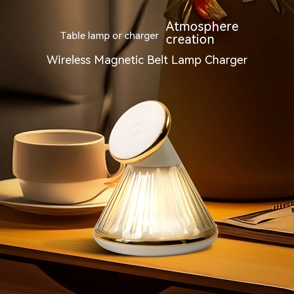 Night table lamp with integrated wireless charging station showing magnetic seat for smartphones