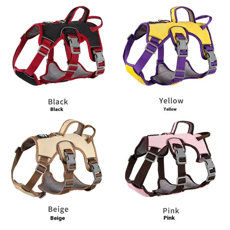 Adjustable Oxford cloth dog harness in yellow, pink, beige, and black colours for medium and small dogs