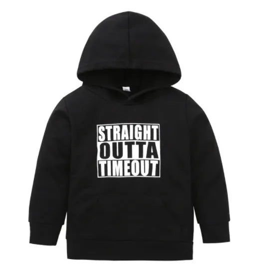 Children's black hooded sweater with white letter pattern, long sleeves, and pullover design
