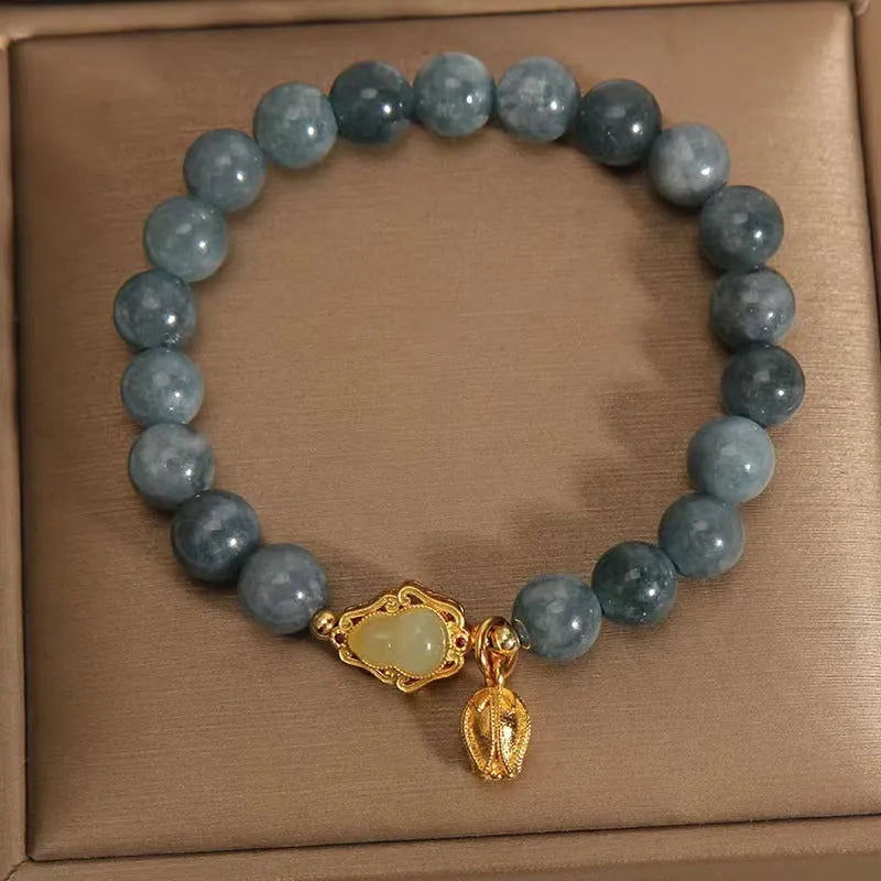 Natural stone bracelet for women with sky blue gourd lotus flower pendant