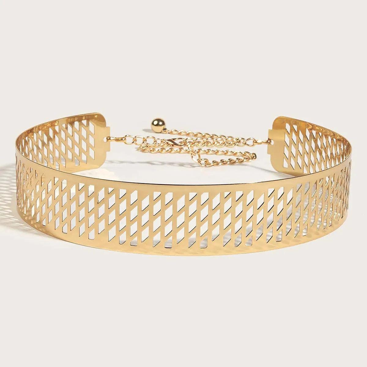 Gold iron waist belt with alloy buckle showing hook fastening and thick 4.5cm width