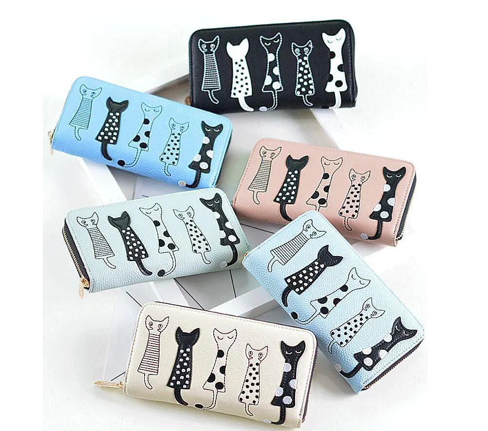 Women cat cartoon wallet in artificial leather, compact 10x18.8x3cm, available in six colours including beige and black