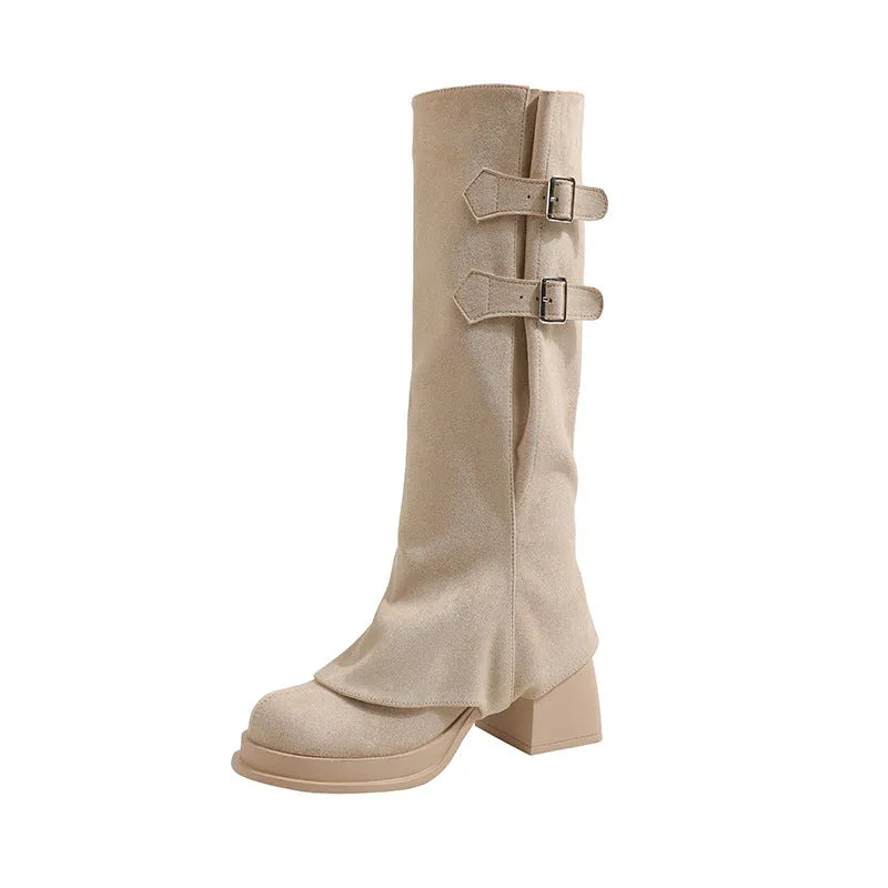 Removable pile style boots in apricot suede with chunky heel and platform, high leg shaft