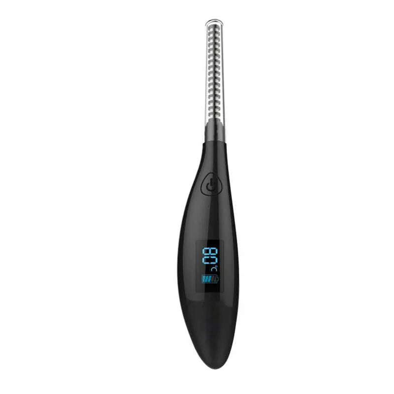USB rechargeable electric eyelash curler with ceramic 80°C heating and curved brush head in black