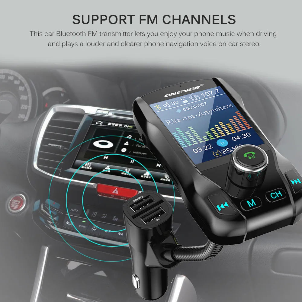 Car Bluetooth FM transmitter with colour screen showing FM frequency and dual USB charging ports
