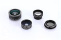 Five mobile phone lenses including fisheye, wide-angle, macro, telephoto and CPL filter with universal smartphone clip mount