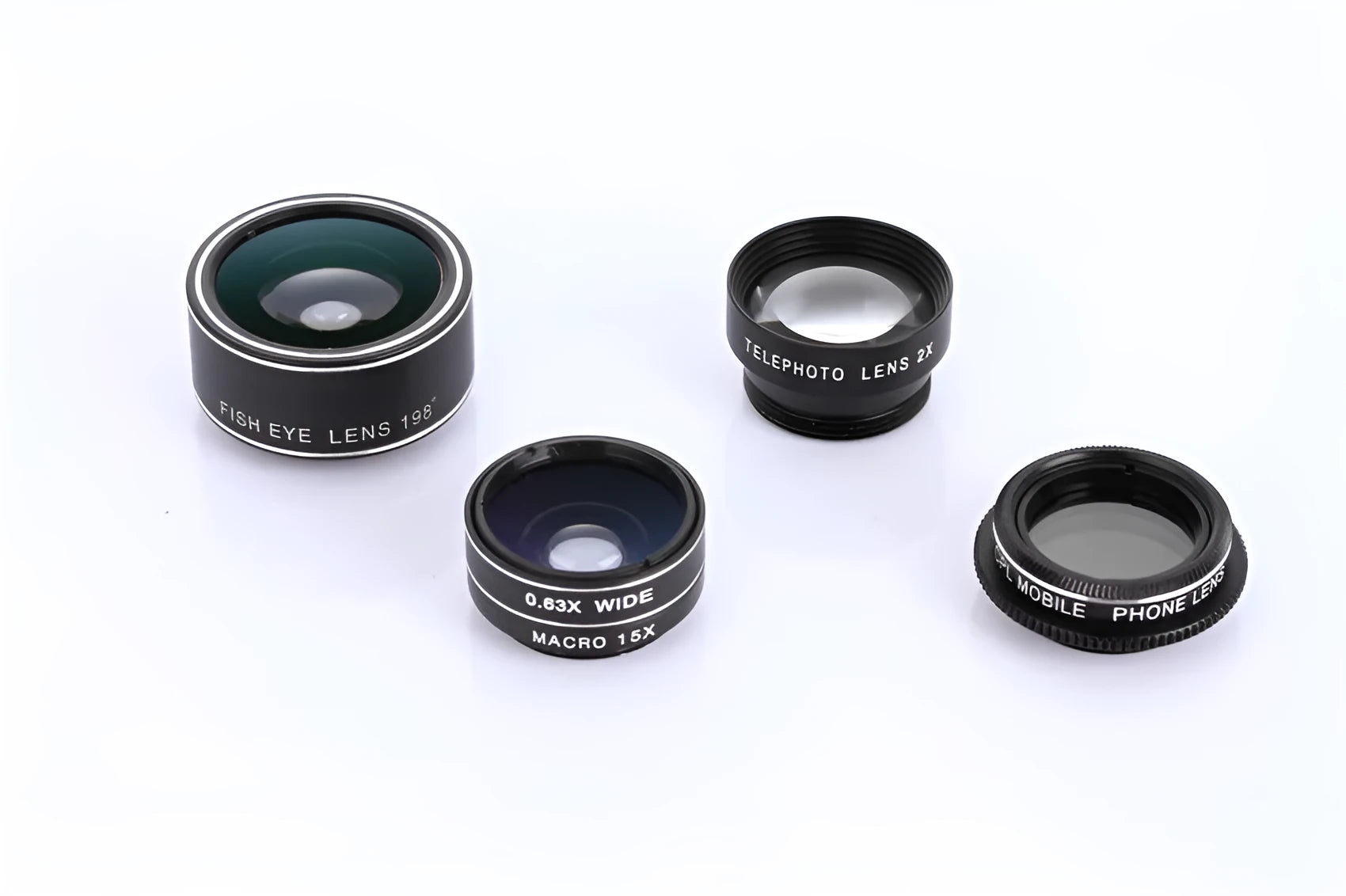 Five mobile phone lenses including fisheye, wide-angle, macro, telephoto and CPL filter with universal smartphone clip mount