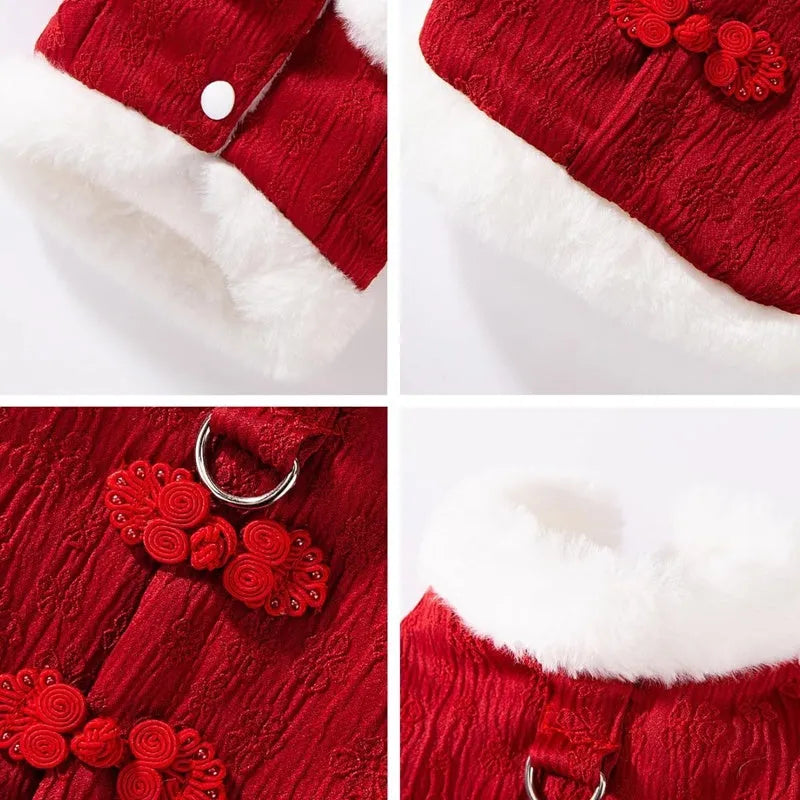 Red Chinese-style cotton dog coat for small dogs, thick material, plush lining, sizes XS-XXL