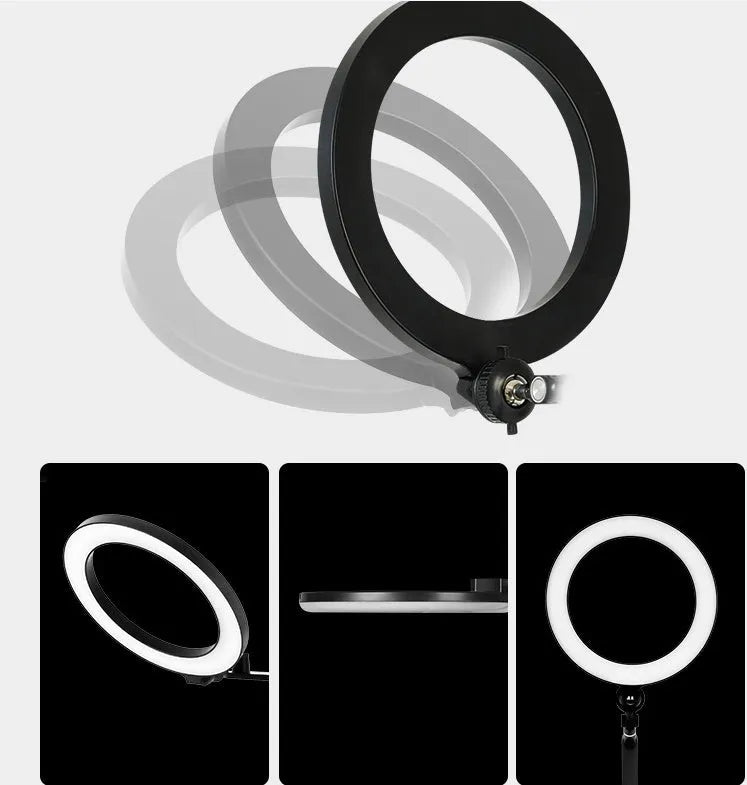Black aluminium alloy floor standing mobile tablet holder with integrated LED fill light in folded position