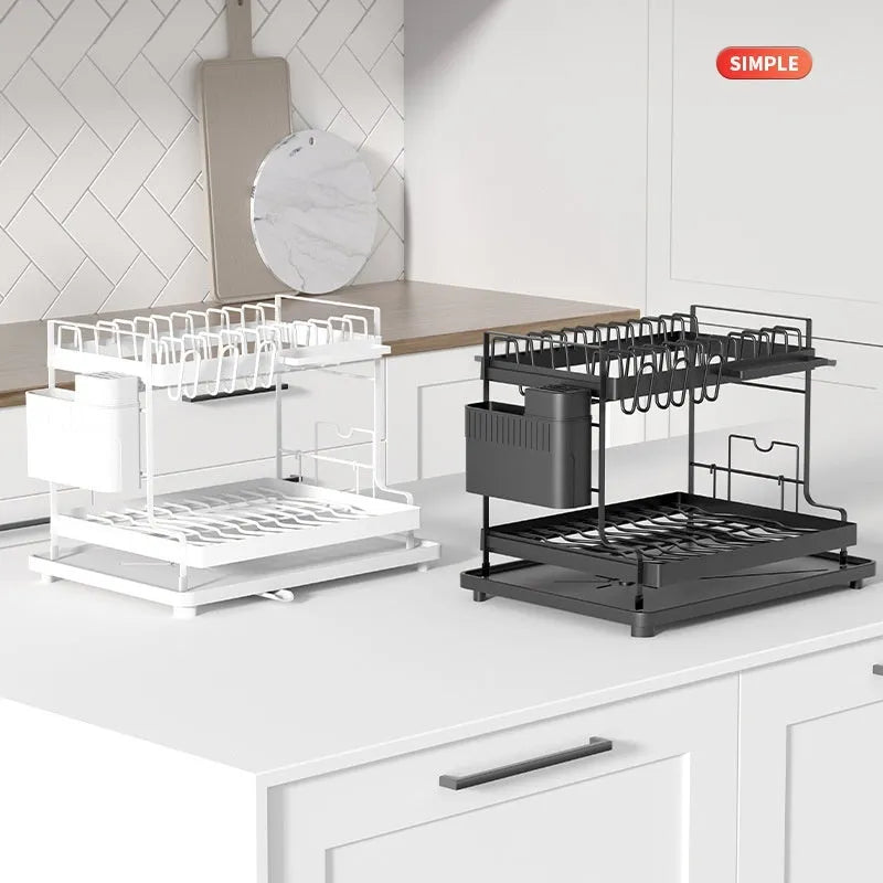 White double-layer kitchen storage rack with removable draining tray on top and a lower storage shelf