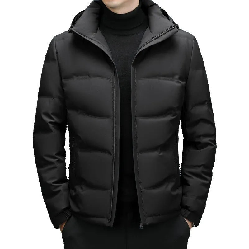 Men's thick down jacket detachable hooded in black, loose fit with white duck down filling, polyester shell