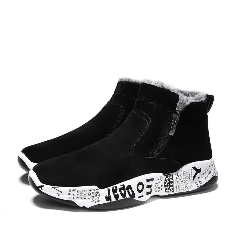 Men's high-top snow boots fleece-lined suede upper rubber sole non-slip winter sneakers black white