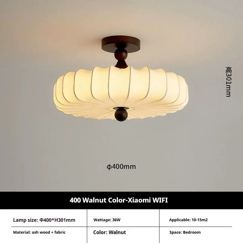 Mid-ancient French retro fabric ceiling lamp with ash wood frame in walnut colour on a ceiling
