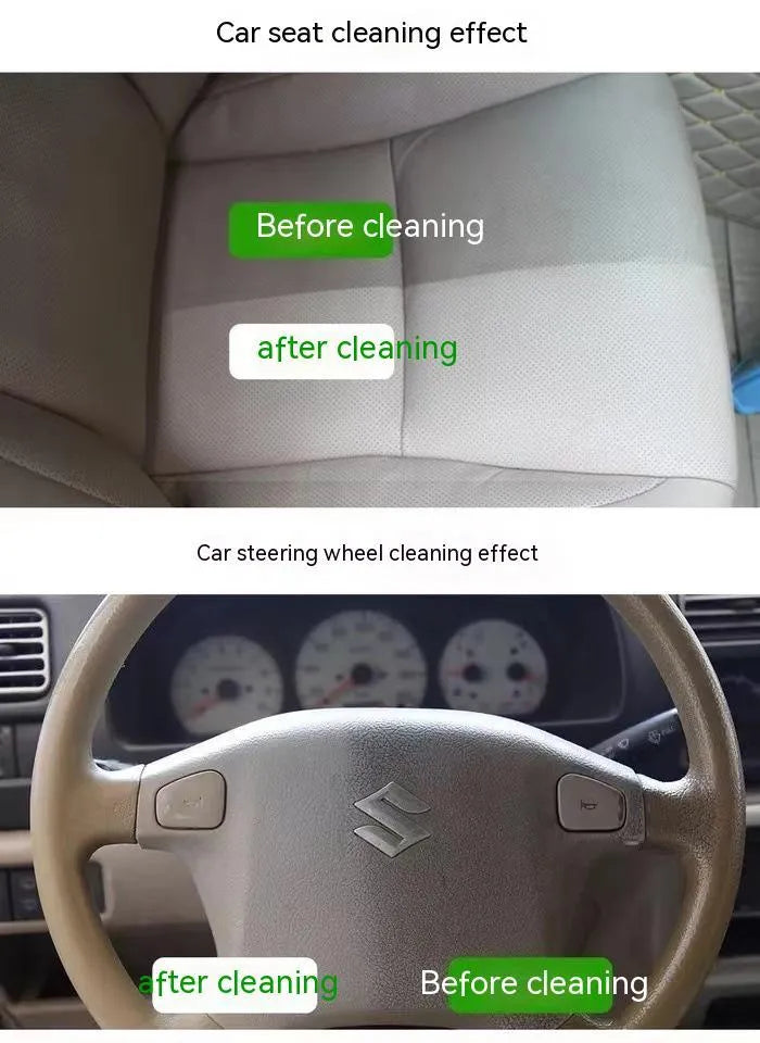 Wash-free fabric roof foam decontamination cleaner bottle with towel and sponge wipes for car interior cleaning.