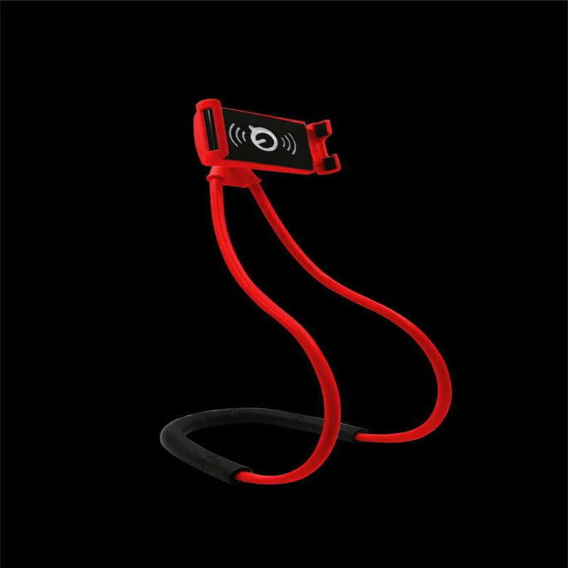 A white flexible neck strap phone holder with a 360-degree rotating clamp gripping a smartphone.