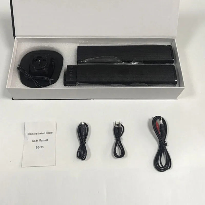 Black foldable split TV Bluetooth speaker showing dual speaker units and control buttons