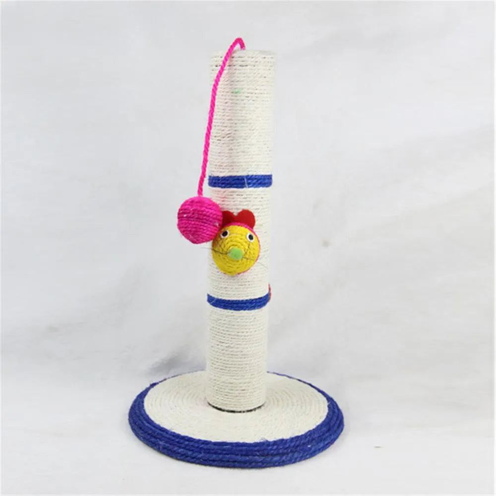 Blue sisal cat scratching post with round base and tall cylinder on a wooden floor
