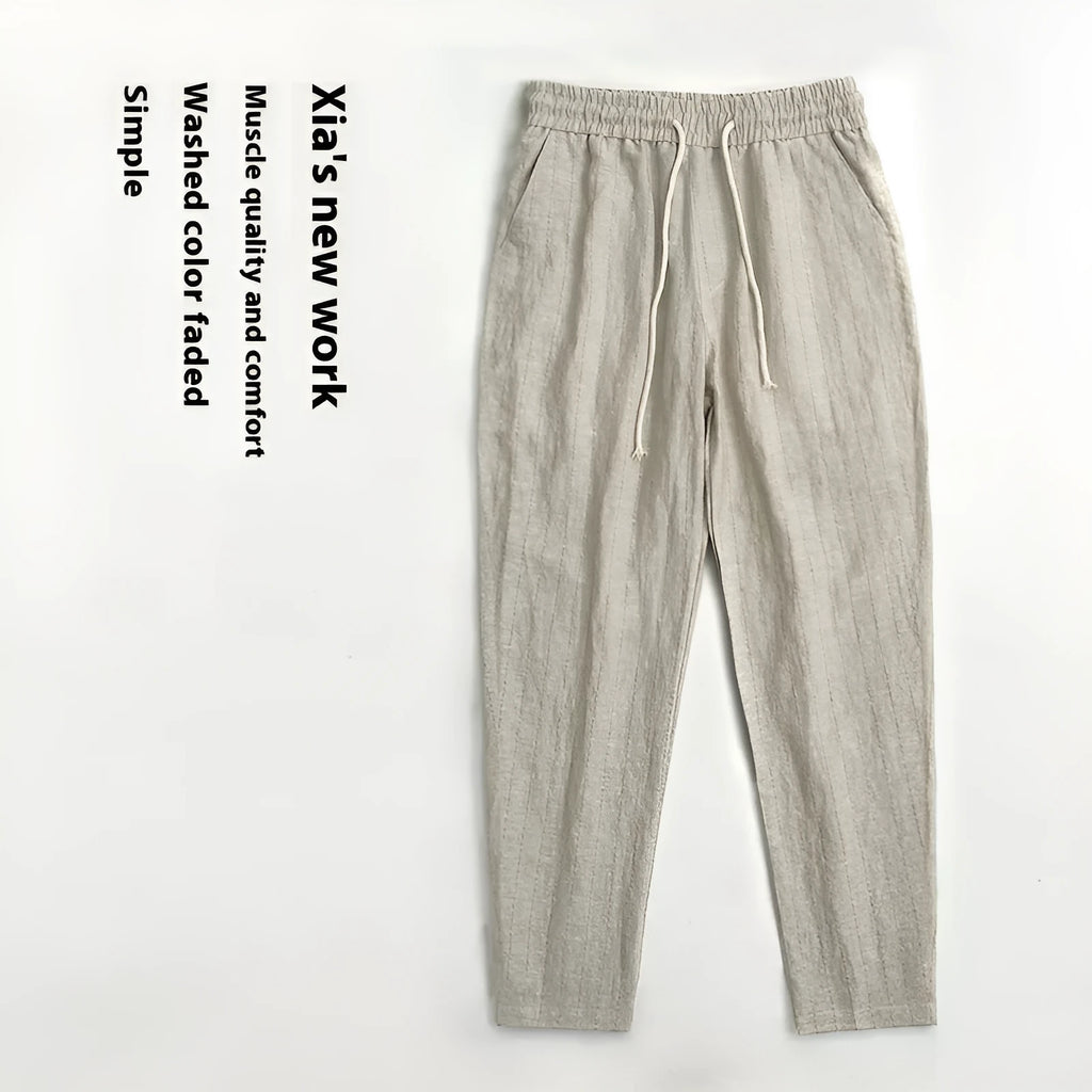 Men's striped linen-cotton casual trousers in a cropped summer length