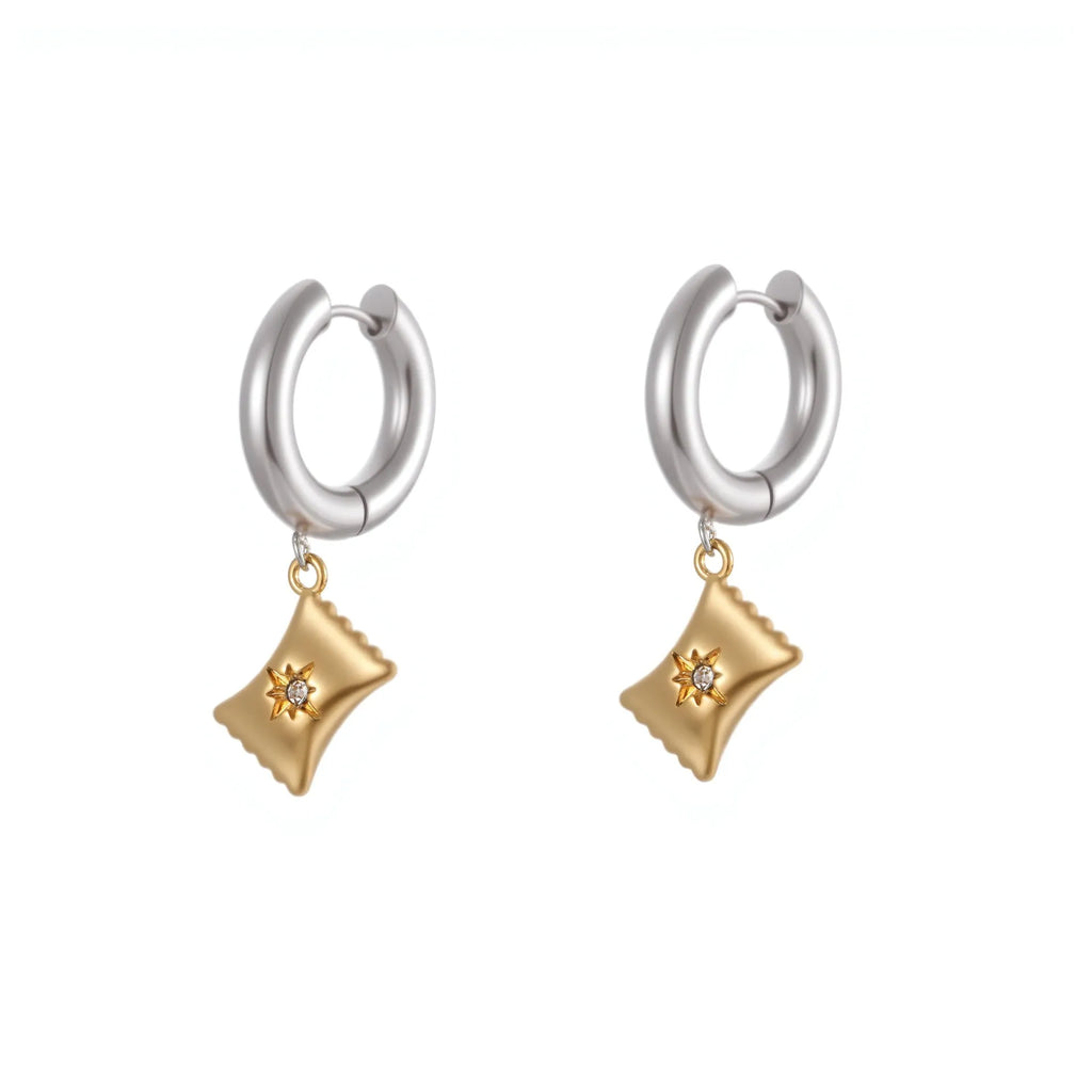 Stainless steel Christmas tree heart earrings with electroplated 18K gold finish showing heart and star shapes