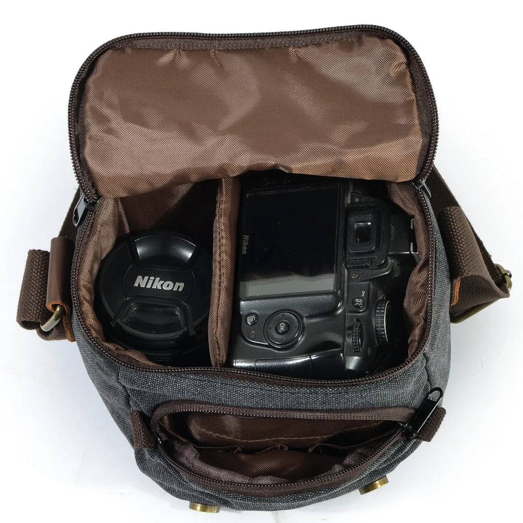 One-shoulder retro waterproof canvas camera bag for Canon SLR in dark grey with side pocket