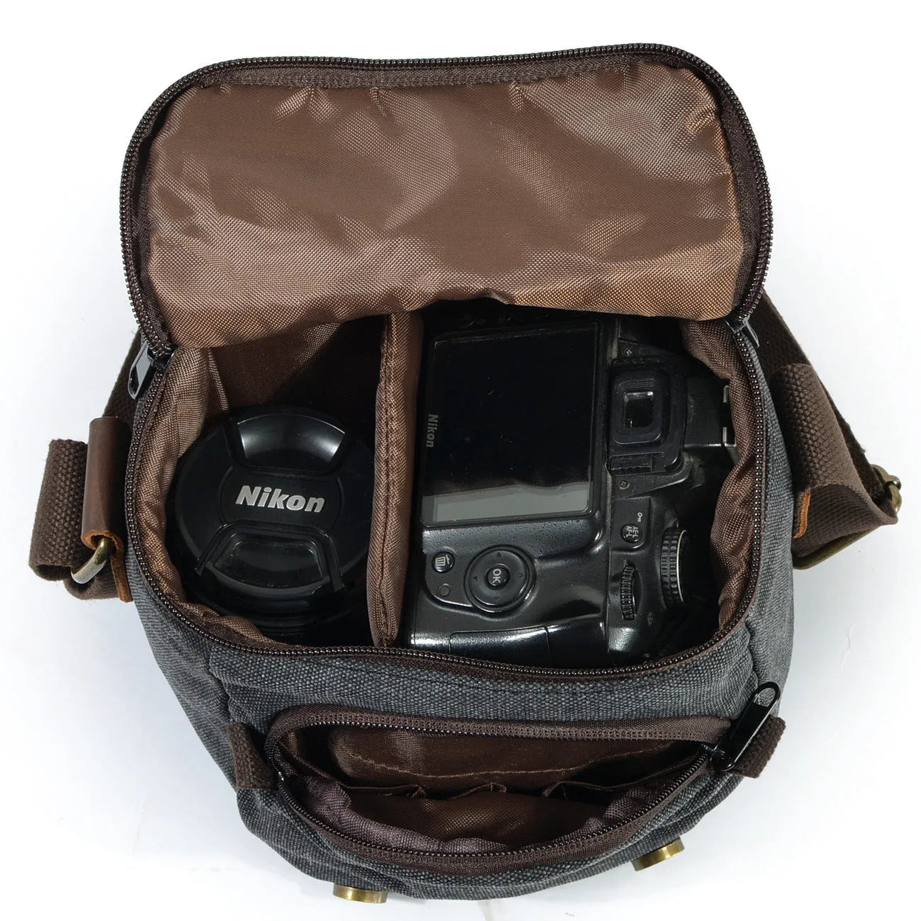 One-shoulder retro waterproof canvas camera bag for Canon SLR in dark grey with side pocket