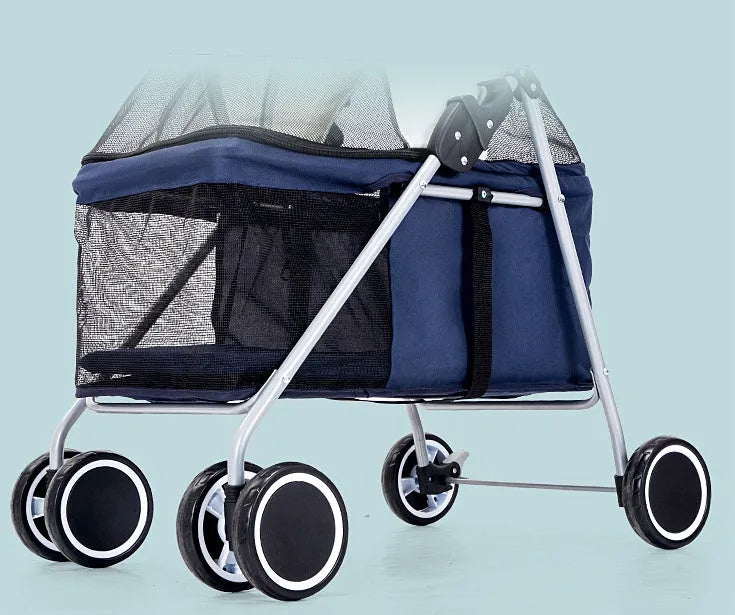 Folding pet stroller trolley with metal frame for cats dogs and rabbits in red black dark blue pink or brown