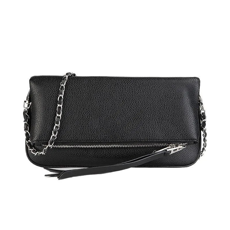 Women's black chain clutch bag with detachable shoulder strap showing interior zipper pocket and gold hardware details