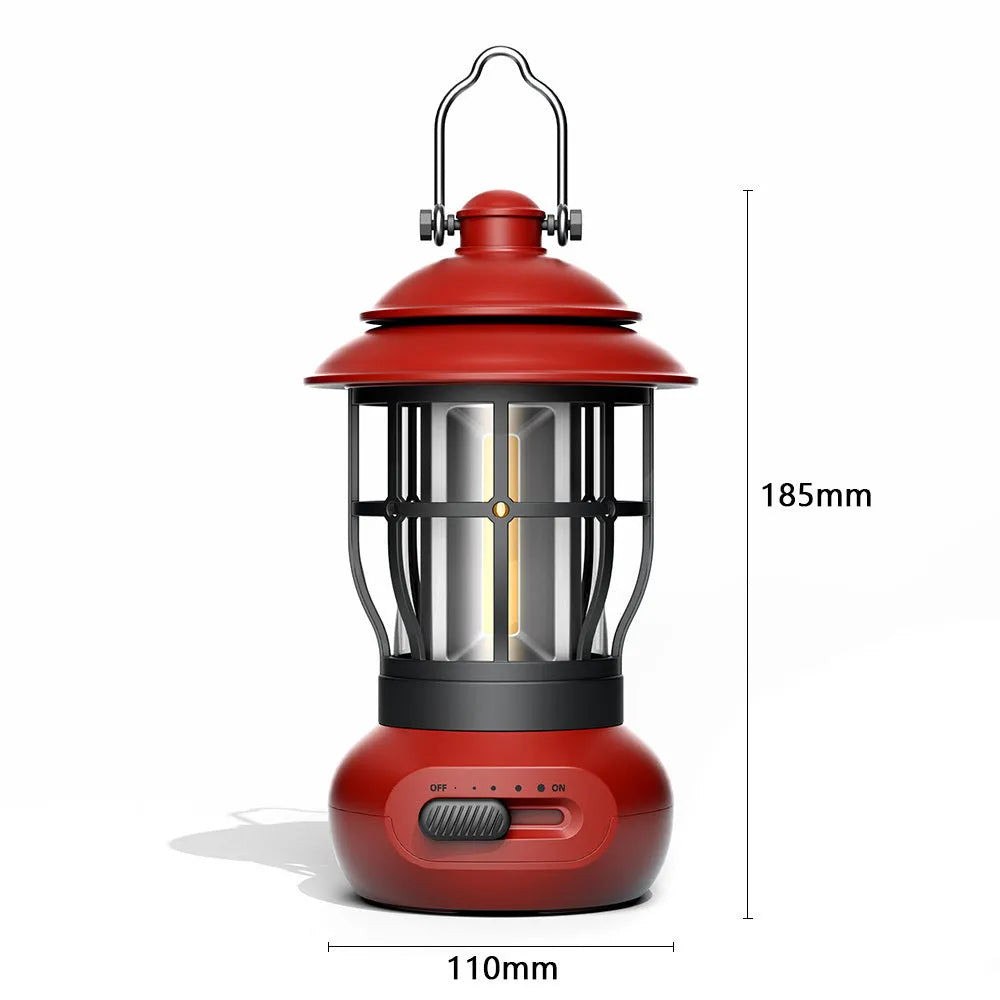 Black retro USB rechargeable camping lantern with iron shell and LED ambient light for outdoor tent use