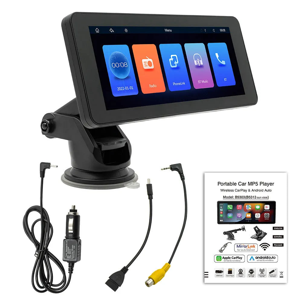 Portable wireless 6.86-inch car video player with IPS screen showing camera display