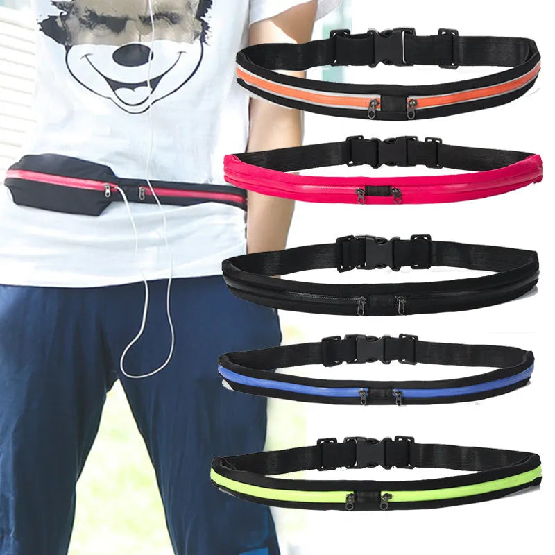 Unisex polyester sports waist bag with double pocket and slim zip, in black, green, blue, rose or orange