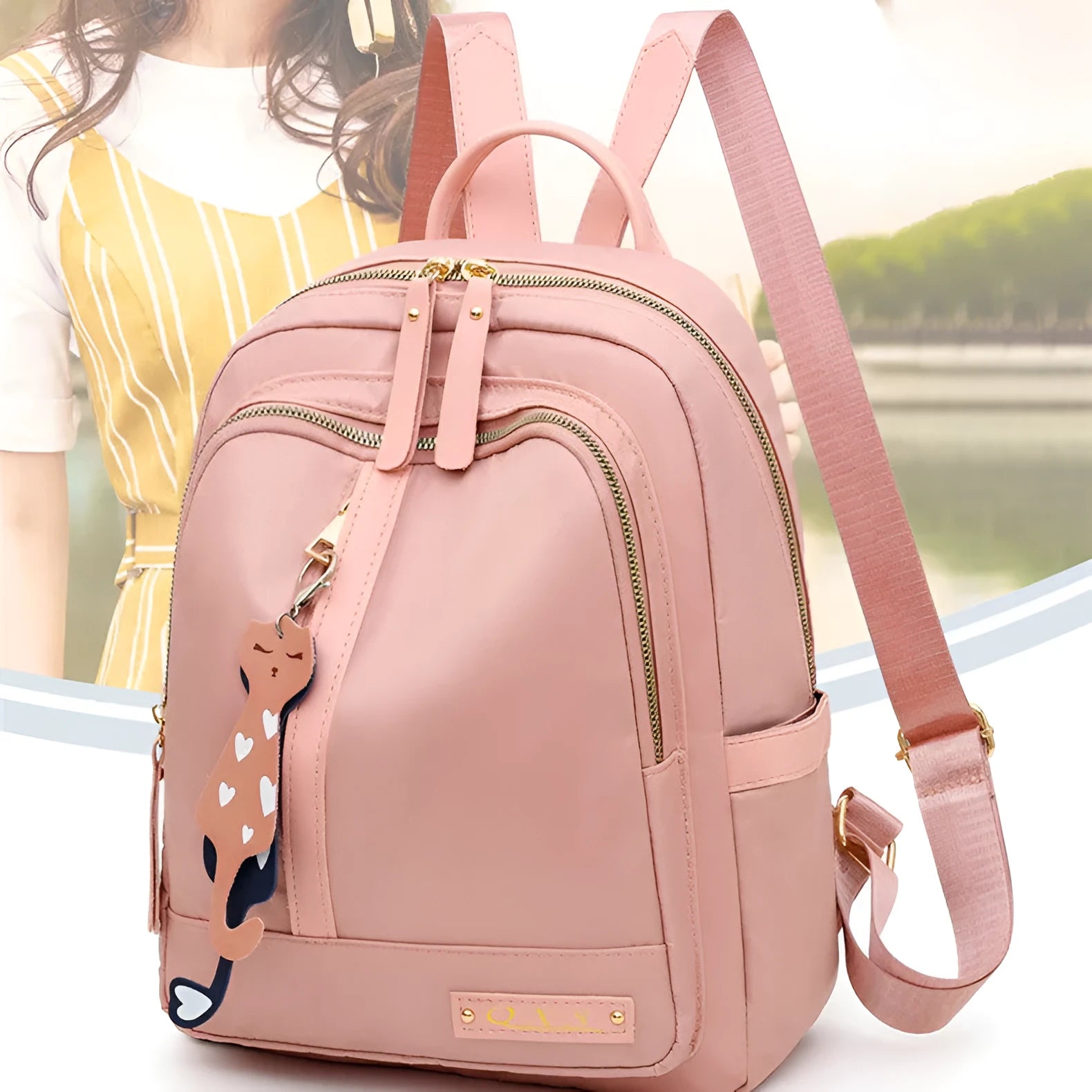 Black casual nylon backpack with double shoulder straps and external pocket.