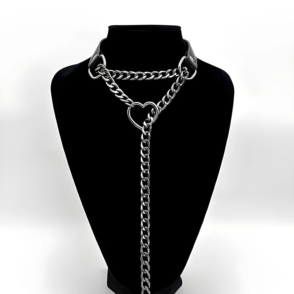 Black Heart PU leather and circle O necklace with copper pendant on a 61-70cm stainless steel chain