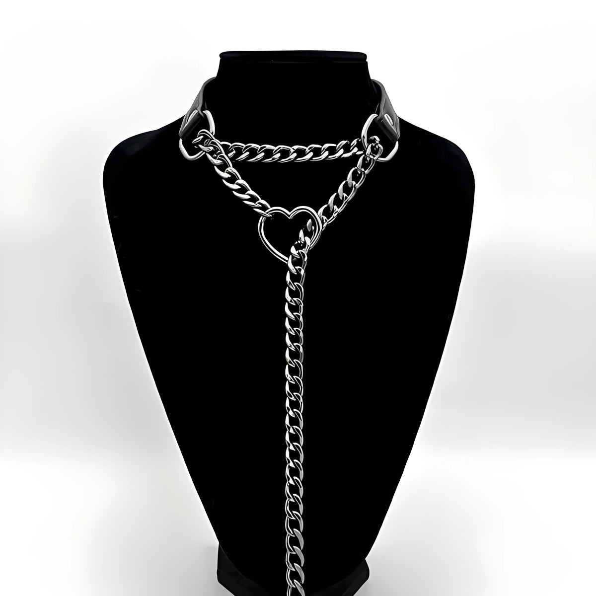 Black Heart PU leather and circle O necklace with copper pendant on a 61-70cm stainless steel chain