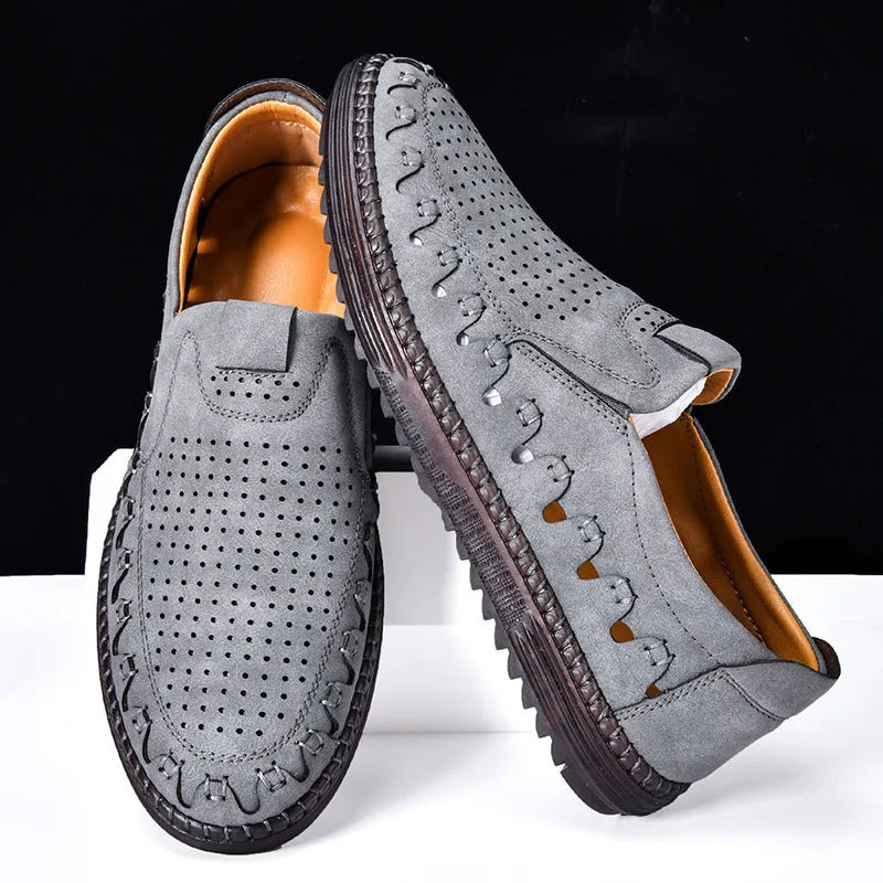 Men's brown casual slip-on shoes with round toe and flat heel design