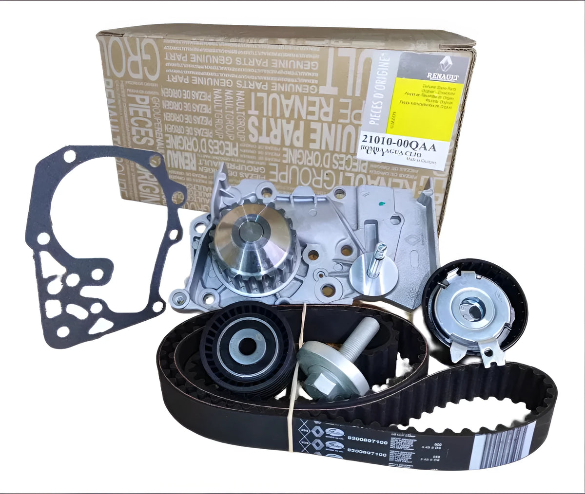 Engine distribution kit 16806-00QNK/21010-00QAA iron timing chain set on white background.
