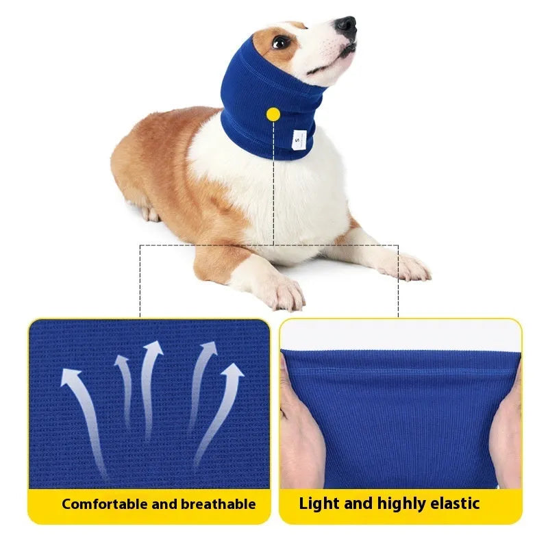 Blue or grey polyester dog headband scarf shown in small, medium, and large sizes.