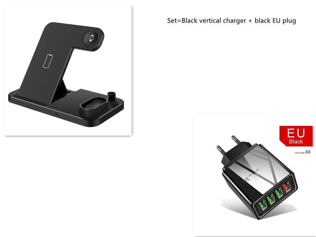 A white 4-in-1 wireless charger folded flat, showing charging pads for phone, Apple Watch, AirPods, and Apple Pencil.