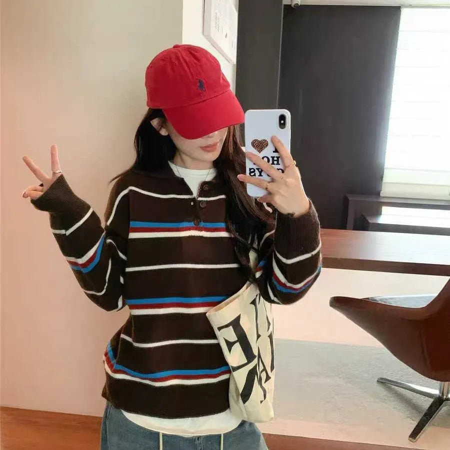 Loose-fit yellow striped polyester pullover sweater for women, average size 40-70kg