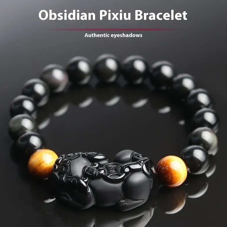 Black Mexico Gold Sheen Obsidian crystal bracelet with Pi Xiu charm, showing different bead size options.