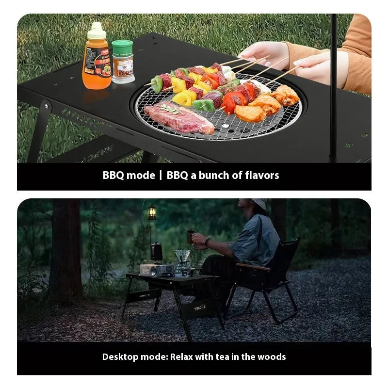 Folding black camping cooking tea table that functions as both barbecue stove and dining surface