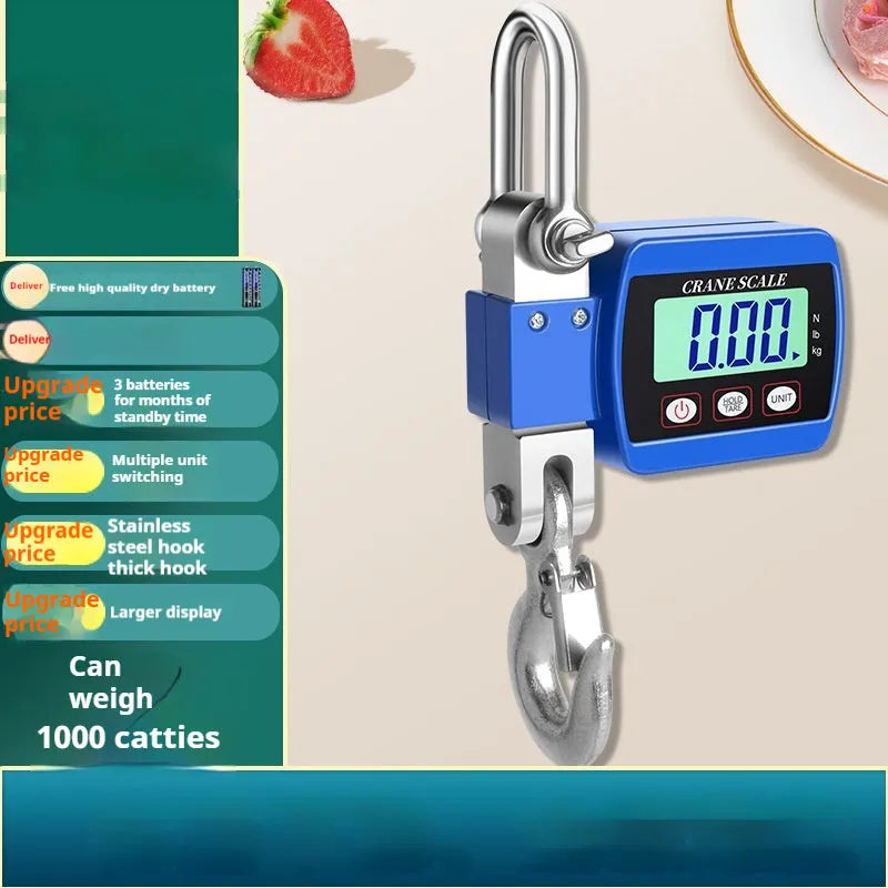 Electronic digital hook scale in blue, showing display and hook, for portable weighing up to 500kg.