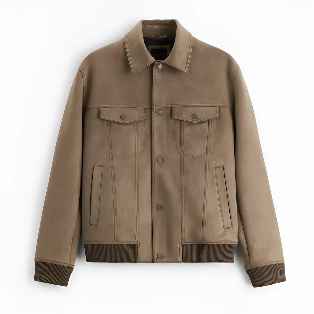 British-style suede velvet commuter jacket in mink and light grey colours with long sleeves